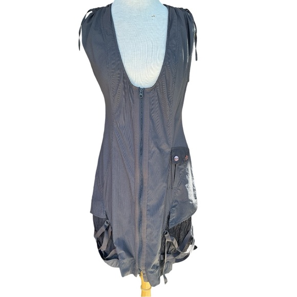 LAUREN VIDAL unique dress textural greys grays pockets ties art-wear M layer - Picture 2 of 12